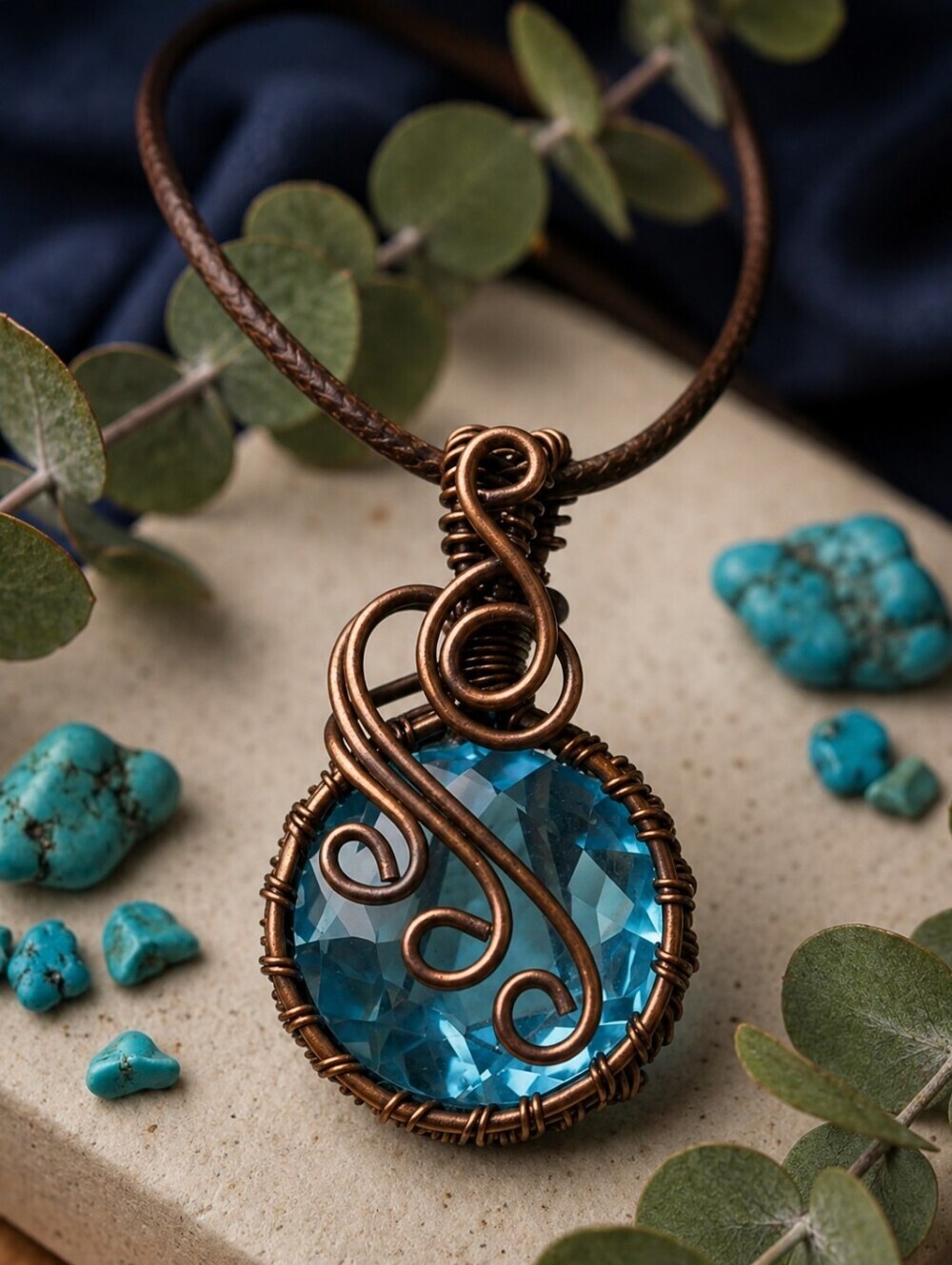 Aqua Blue Quartz Copper Wire Wrap Pendant Necklace Cottagecore Fairycore 20"
